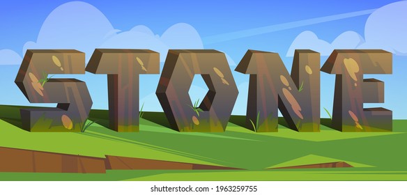 Cartoon word stone with rock letters stand on green grass under cloudy sky. Abc characters, abstract elements of natural material texture for graphic design, Rocky uppercase font, vector illustration