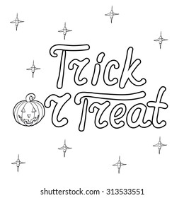 Cartoon word trick or treat and pumpkin isolated on white background. Can be used for halloween greeting cards. Vector illustration. EPS 10. 