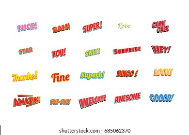 cartoon words label set isolated on a white background. nice bam super love game over star you sweet surprise hey thanks fine superb bingo look amazing bye welcome awesome good. Pop art retro vector