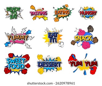 Cartoon words set, comic book Food related text. Retro vector comics pop art design.