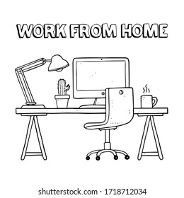 cartoon work from home in doodle style isolated on white background
