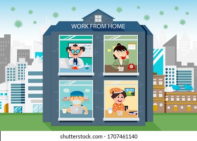 Cartoon of work from home in house of the city with social distancing to avoid a virus