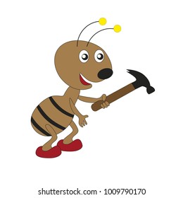 Cartoon worker ant holding in the paws a hammer isolated on a white background.
