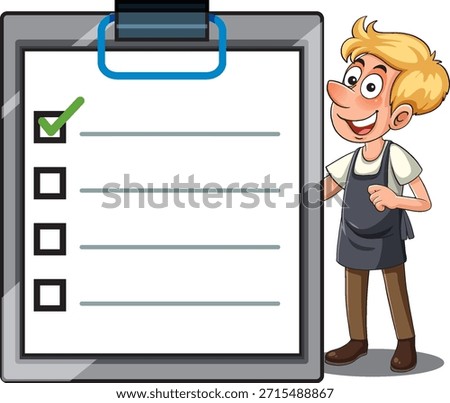 Cartoon worker in apron beside large checklist clipboard, flat vector style, bright colors