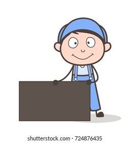 Cartoon Worker with Blank Banner Vector Illustration