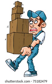 Cartoon of worker carrying boxes isolated on white