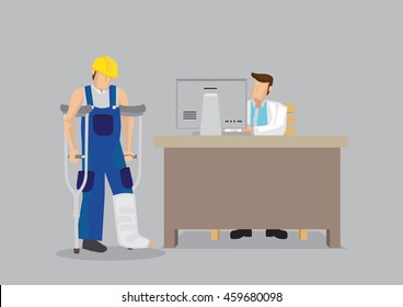 Cartoon Worker Character Wearing Yellow Helmet And Overall With Leg In Plaster Cast Uses Crutches In Seek Medical Treatment At Doctor Office. Vector Illustration On Work Injury Concept.