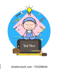 Cartoon Worker Doing Concentration on Tools Vector Illustration