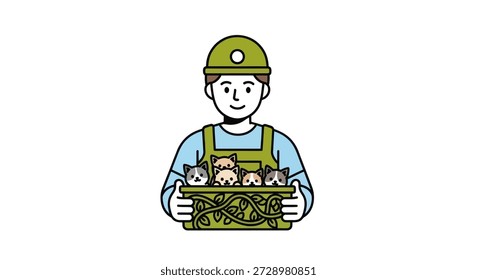 Cartoon of worker holding a box of kittens