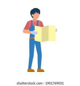 dibujante de dibujos animados sostiene planes de construcción sobre fondo blanco, estilo plano, ilustración vectorial
