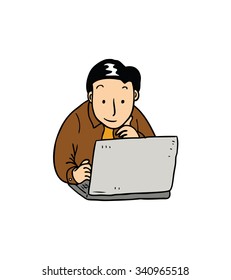 cartoon worker with laptop