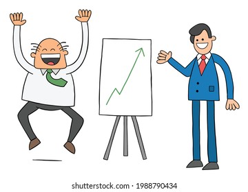 Cartoon worker man shows the boss the sales chart and the boss is very happy that the sales are high, vector illustration. Black outlined and colored.