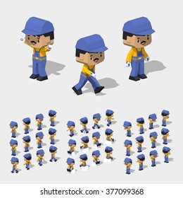 Cartoon worker minifigure. 3D lowpoly isometric vector illustration. The set of objects isolated against the white background and shown from different sides