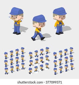 Cartoon worker minifigure. 3D lowpoly isometric vector illustration. The set of objects isolated against the white background and shown from different sides