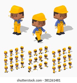 Cartoon worker minifigure. 3D lowpoly isometric vector illustration. The set of objects isolated against the white background and shown from different sides