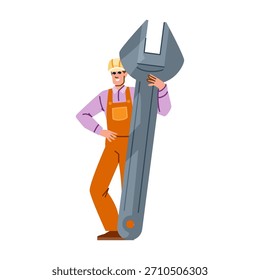 Cartoon-Arbeiter in Overalls und harten Hut steht selbstbewusst mit einem riesigen verstellbaren Schraubenschlüssel, symbolisiert Reparatur, Wartung, technische Fähigkeiten und Problemlösung in der Industrie