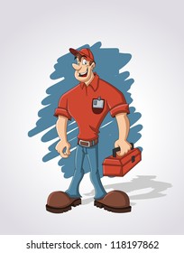 Cartoon-Arbeiter mit rotem Werkzeugkasten