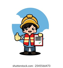 Cartoon worker in safety gear holding a checklist with a green checkmark, giving a thumbs up