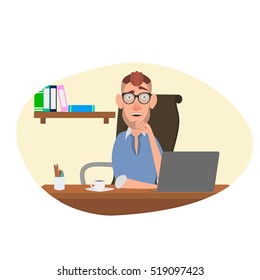 Cartoon worker is sitting at the workplace. vector.
