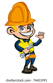 Cartoon cartoon of a worker witha hard hat. He is waving