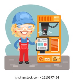 Cartoon worker woman using a milling machine. Composition with a professional. Flat female character.