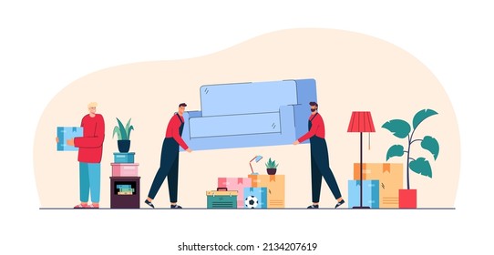 Cartoon workers carrying sofa into new home. Male character moving house, people delivering furniture flat vector illustration. Moving service, transportation concept for banner or landing web page