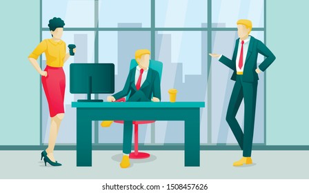 Cartoon Workers Characters Having Coffee Break at Office. Faceless Coworkers, Partners, People Talking, Discussing News, Sharing Ideas. Communication, Work Pause, Lunch Time. Vector Flat Illustration