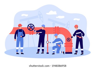 Cartoon workers characters with pipeline transporting oil or gas. Flat vector illustration. Men in uniform controlling pipe execution, preventing from leaks, erosion. Oil industry, engineering concept