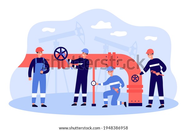 Cartoon workers characters with pipeline
transporting oil or gas. Flat vector illustration. Men in uniform
controlling pipe execution, preventing from leaks, erosion. Oil
industry, engineering
concept