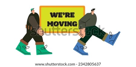 Cartoon workers in hard hats carrying heavy board with text: we're moving. Moving service ads, flat design banner.  Photo stock © 