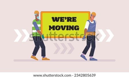 Cartoon workers in hard hats carrying heavy board with text: we're moving. Moving service ads, flat design banner. Vector Photo stock © 