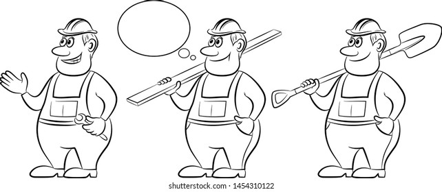 Cartoon Workers in Overalls, Set. With a Board, Spanner and Shovel. Black Contours Isolated on White Background. Vector