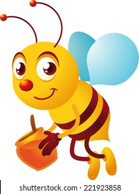 Cartoon working bee carrying a jar of honey, happily flying vector illustration. 