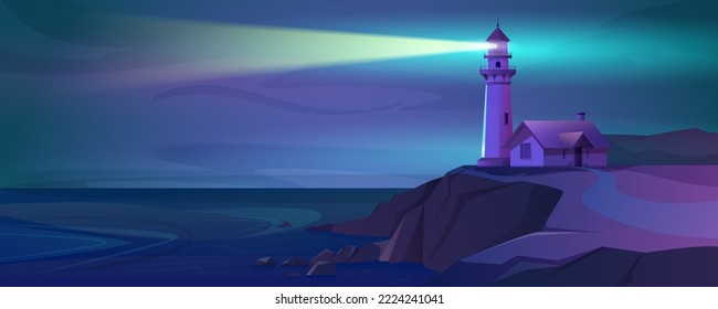 Cartoon working lighthouse with a beam of light at night. Marine navigation tower on sea coast, ocean shore. Coastline landscape with beacon and signal building with glowing ray. Seashore in the dark.