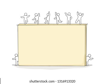 Cartoon working little people with big board. Doodle cute miniature scene with space for text. Hand drawn vector illustration for business design and infographic.