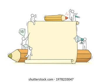 Cartoon working little people with big blank paper list. Doodle cute miniature scene with space for text. Hand drawn vector illustration for business design and infographic.
