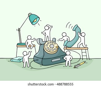 Cartoon working little people with big phone. Doodle cute miniature scene of workers make a call. Hand drawn cartoon vector illustration for business design.