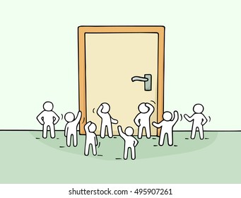 Cartoon working little people with big door. Doodle cute miniature scene of workers about opportunity. Hand drawn cartoon vector illustration for business design.