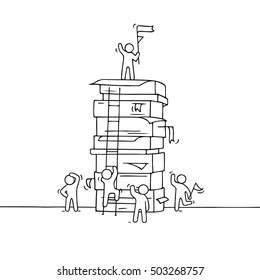 Cartoon working little people with big stack of paper. Doodle cute miniature scene of workers about leadership. Hand drawn vector illustration for business design.