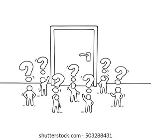 Cartoon working little people with big door. Doodle cute miniature scene of workers about opportunity. Hand drawn vector illustration for business design.