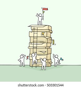 Cartoon working little people with big stack of paper. Doodle cute miniature scene of workers about leadership. Hand drawn vector illustration for business design.