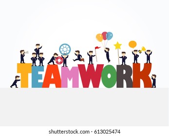 Cartoon working little people with  big word Teamwork. Vector illustration for business design and infographic.