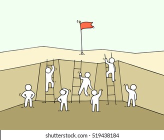 Cartoon working little people climb out of the abyss. Doodle cute miniature scene of workers with flags on the top. Hand drawn vector illustration for business design and infographic.