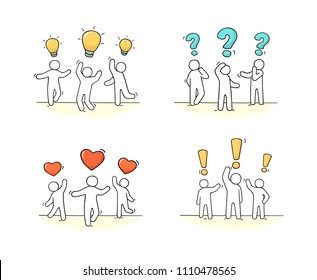 Cartoon working little people with communication signs. Doodle cute miniature scene about communication. Hand drawn vector illustration for business and social design.