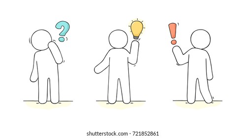 Cartoon working little people with communication signs. Doodle cute miniature scene about communication. Hand drawn vector illustration for business and social design.
