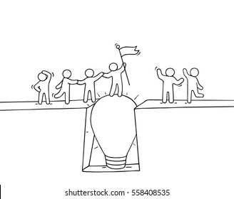 Cartoon working little people cross the abyss. Doodle cute miniature scene of team on the bridge like lamp idea. Hand drawn vector illustration for business design and infographic