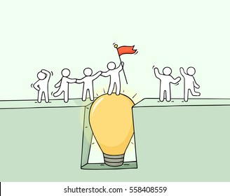 Cartoon working little people cross the abyss. Doodle cute miniature scene of team on the bridge like lamp idea. Hand drawn vector illustration for business design and infographic