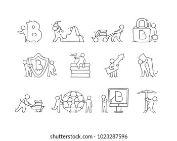 Cartoon working little people with cryptocurrency signs. Doodle cute miniature scenes about finance. Hand drawn vector illustration for business design.