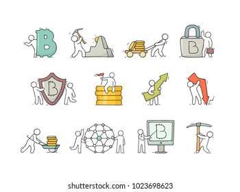 Cartoon working little people with cryptocurrency signs. Doodle cute miniature scenes about finance. Hand drawn vector illustration for business design.