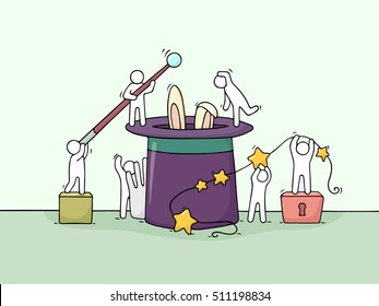 Cartoon working little people with magic symbols. Doodle cute miniature scene of workers trying to make trick. Hand drawn cartoon vector illustration for illusion design.